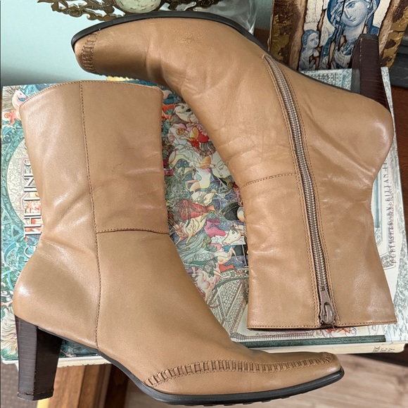 Girl Boss Vintage 90s Y2K Nickels Tan Leather Square Toe Chunky Heeled Boots - Picture 3 of 11